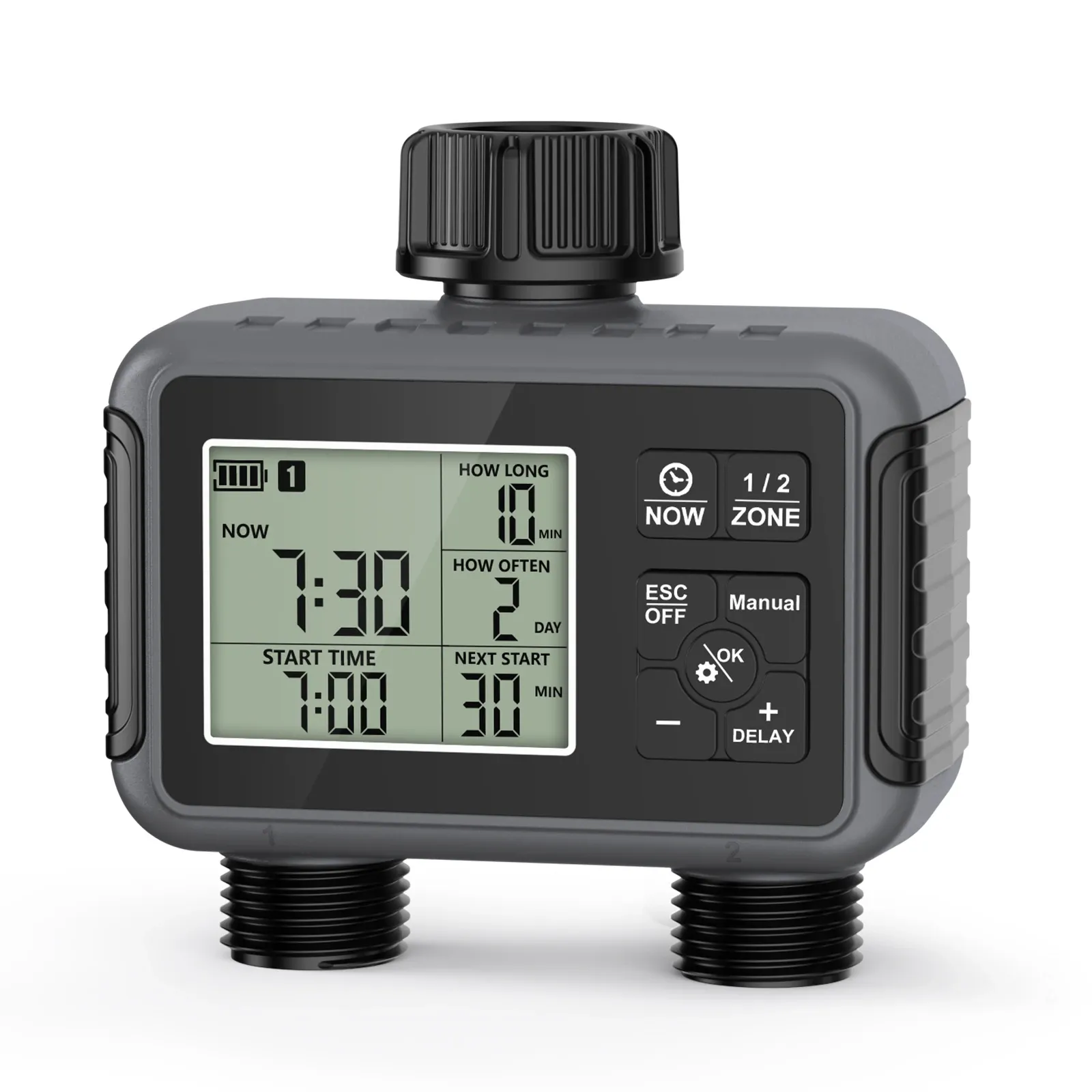 Non-WiFi dual-zone garden hose timer with black plastic fittings, displayed on a white background.