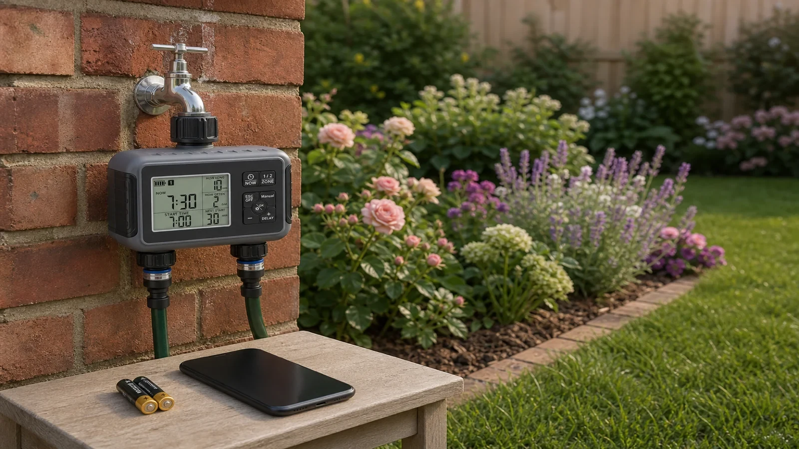 Battery-operated garden hose timer fitted to a UK outdoor tap without a smartphone