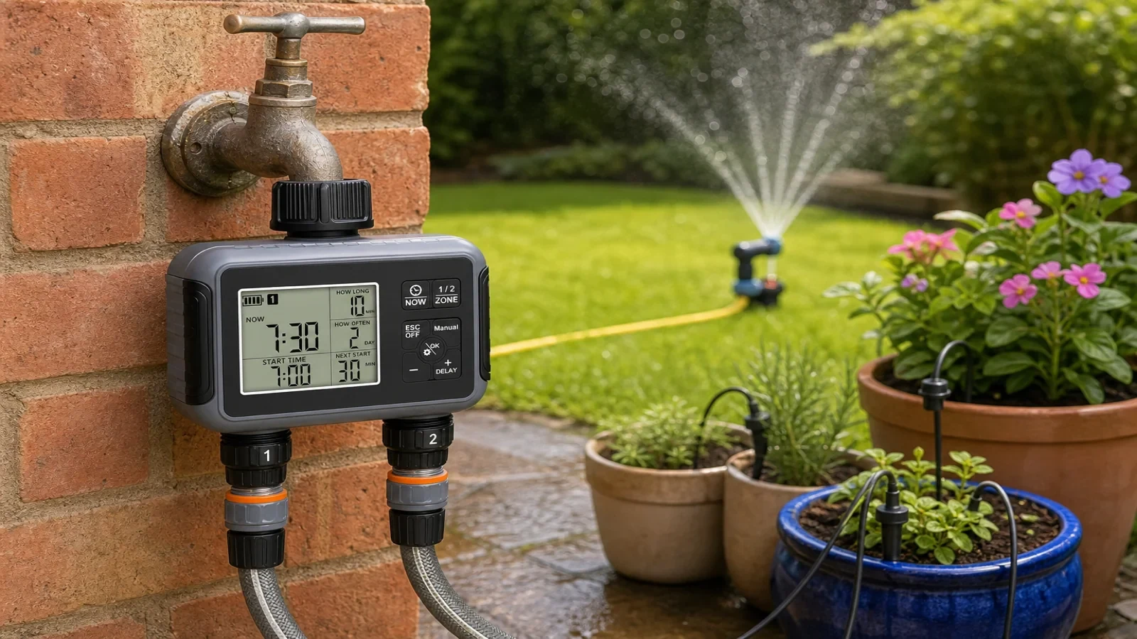 Two-zone digital water timer running a lawn sprinkler and drip irrigation for patio pots in a UK garden