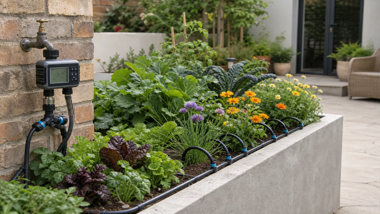 Cement raised bed with drip irrigation fed from a dual-zone outdoor tap timer