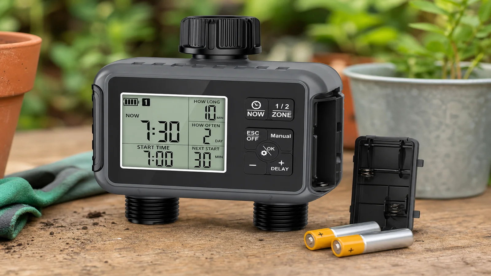 Dual-zone water timer with two AA alkaline batteries on a potting bench