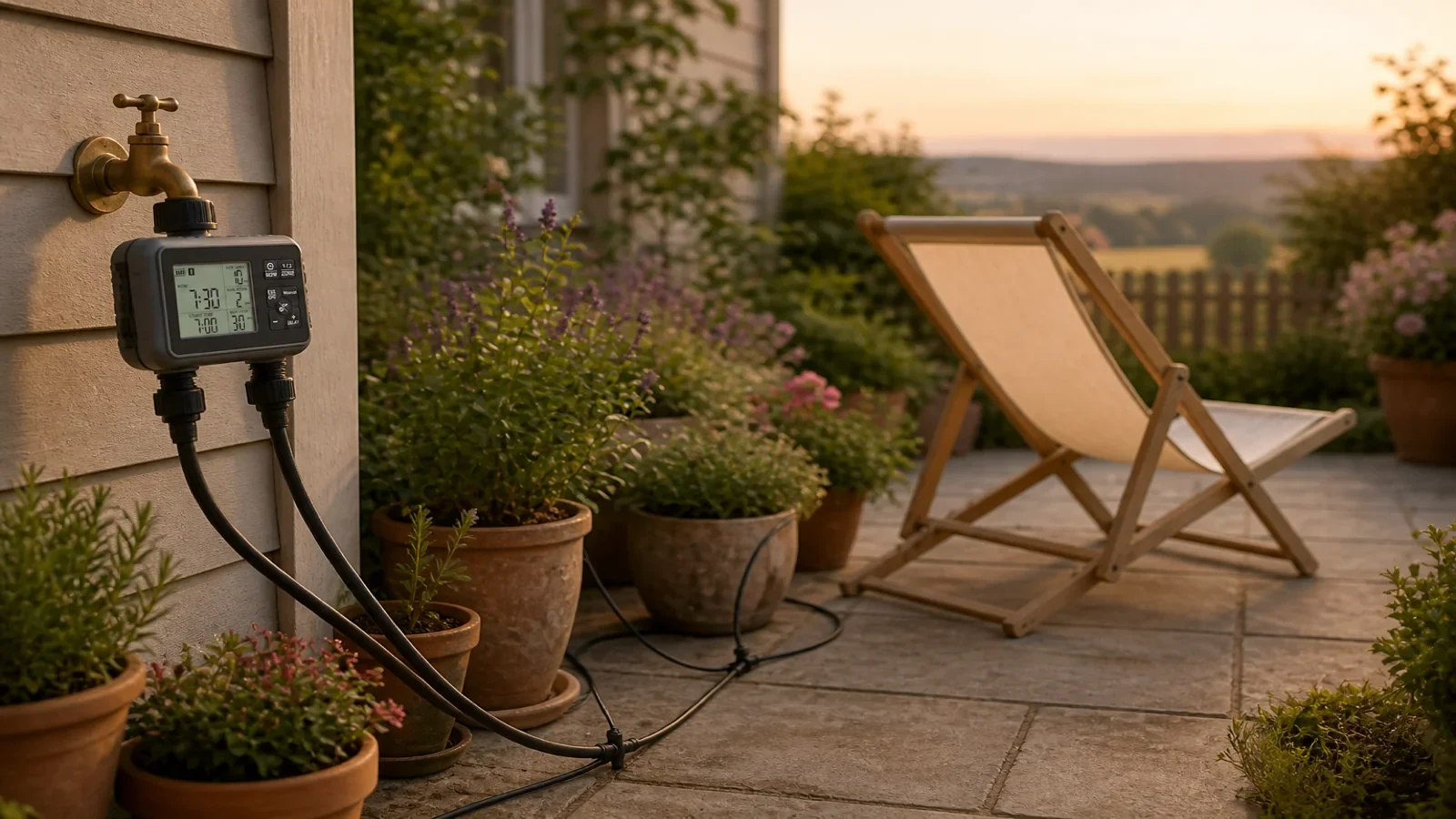 Outdoor tap timer connected to drip lines watering grouped patio pots before a UK holiday