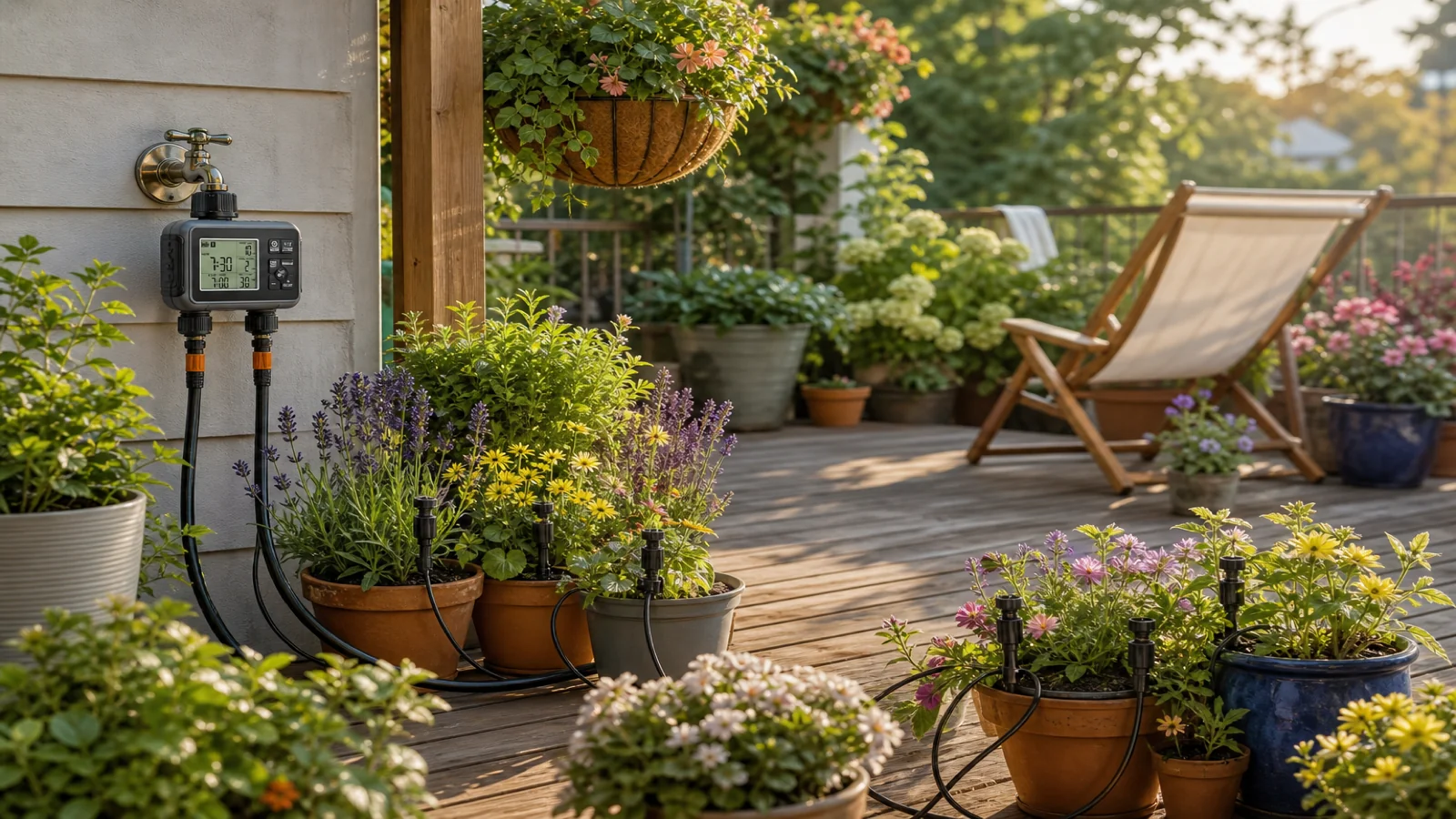 Wooden deck of potted plants with drip stakes fed by a dual-zone water timer