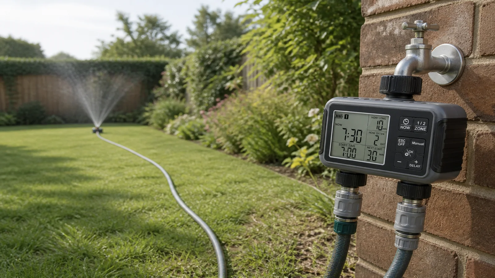 Long garden hose from a tap timer ending in a weak sprinkler spray across a lawn