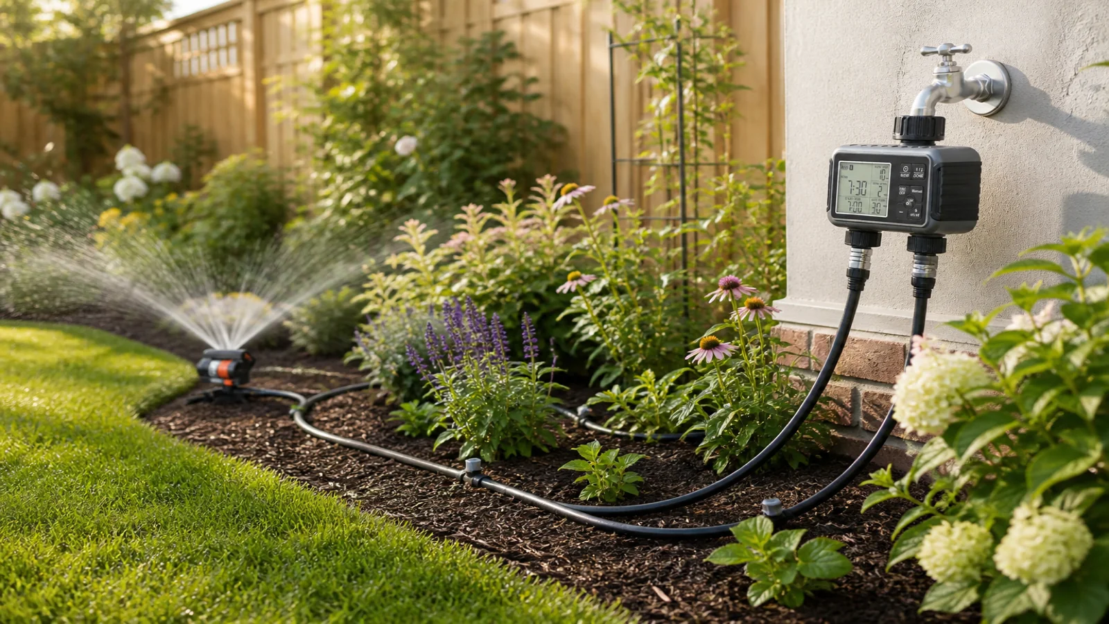 New UK garden with drip line, sprinkler and a dual-zone tap timer