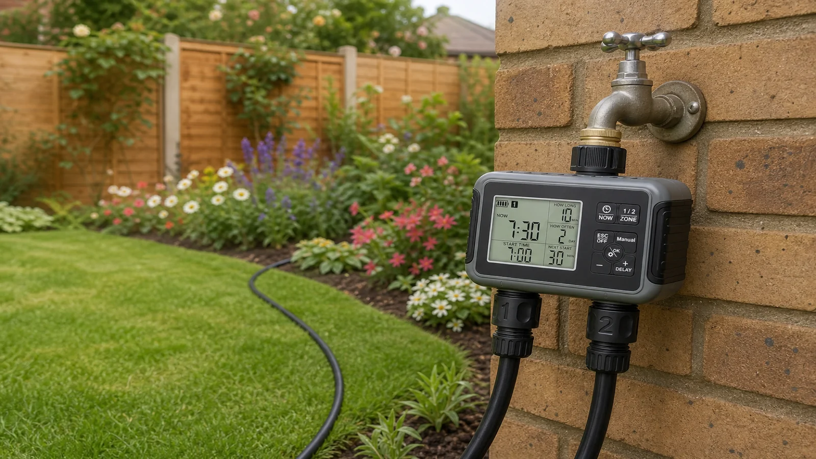 Grey dual-zone digital water timer on an open UK outdoor tap with two hoses leading into a garden