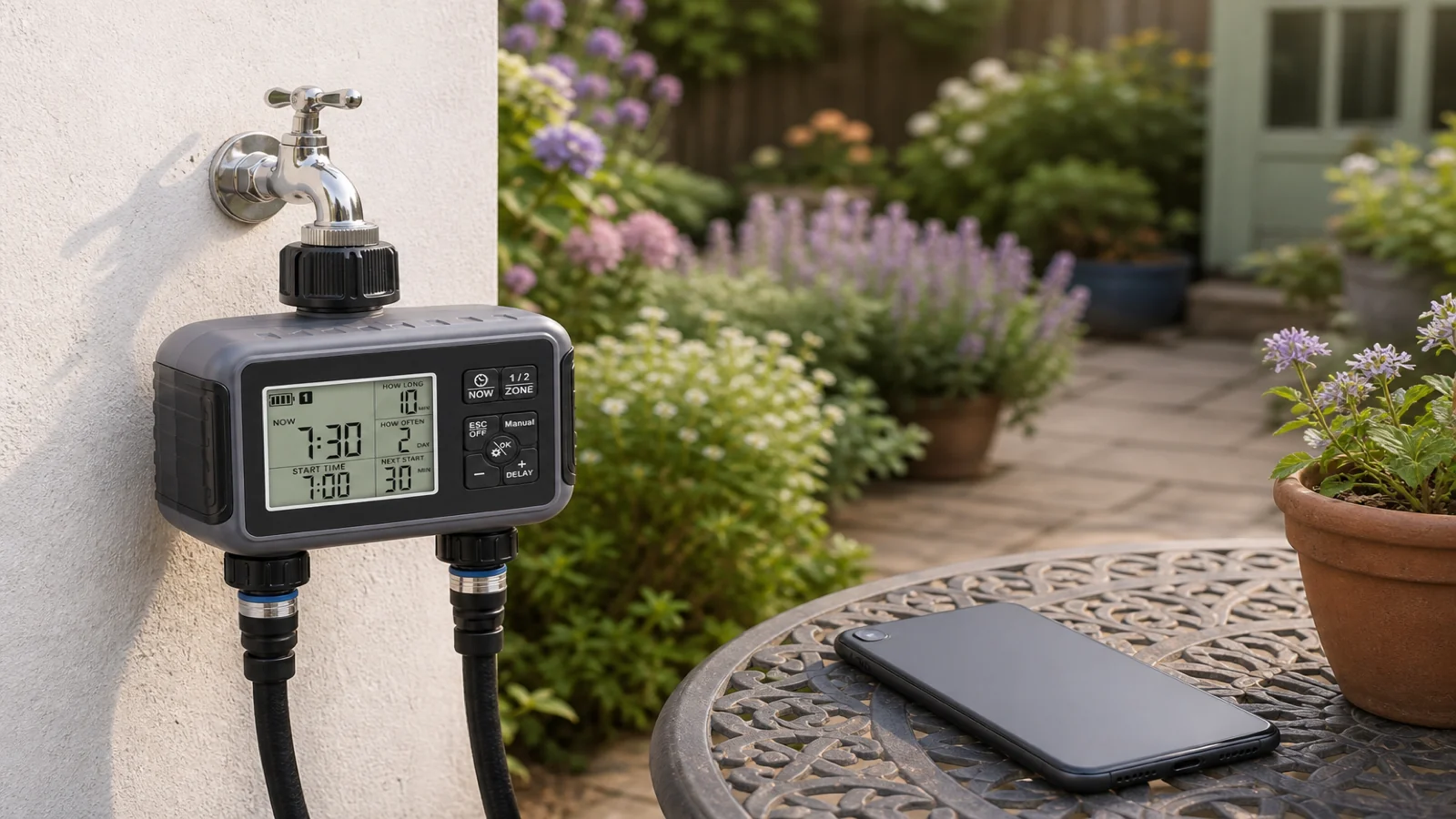 Dual-zone digital water timer on a garden tap beside a phone left unused on a patio table