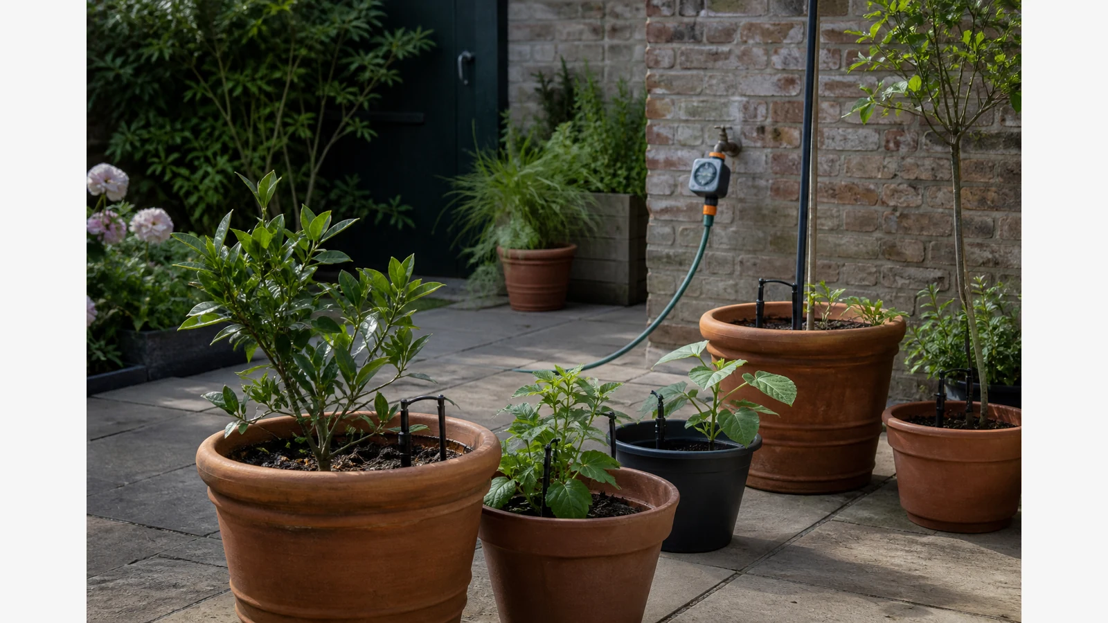 Micro-drip stakes in patio pots controlled by an outdoor tap timer in a UK garden