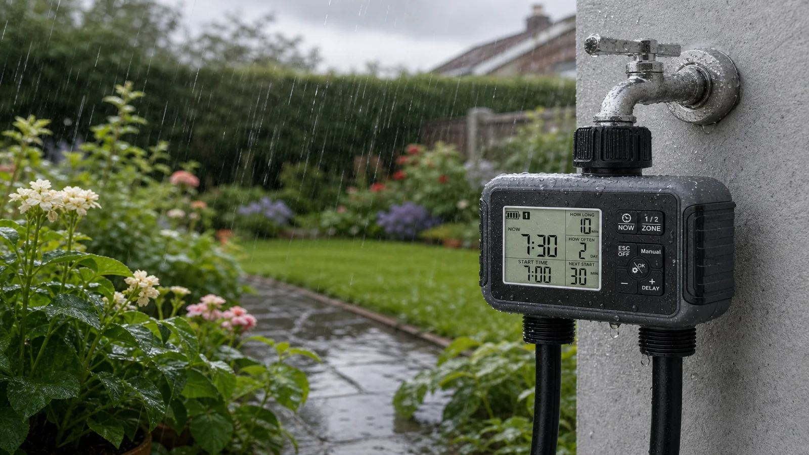 Rain falling on a UK garden while a dual-zone water timer sits paused on the outdoor tap