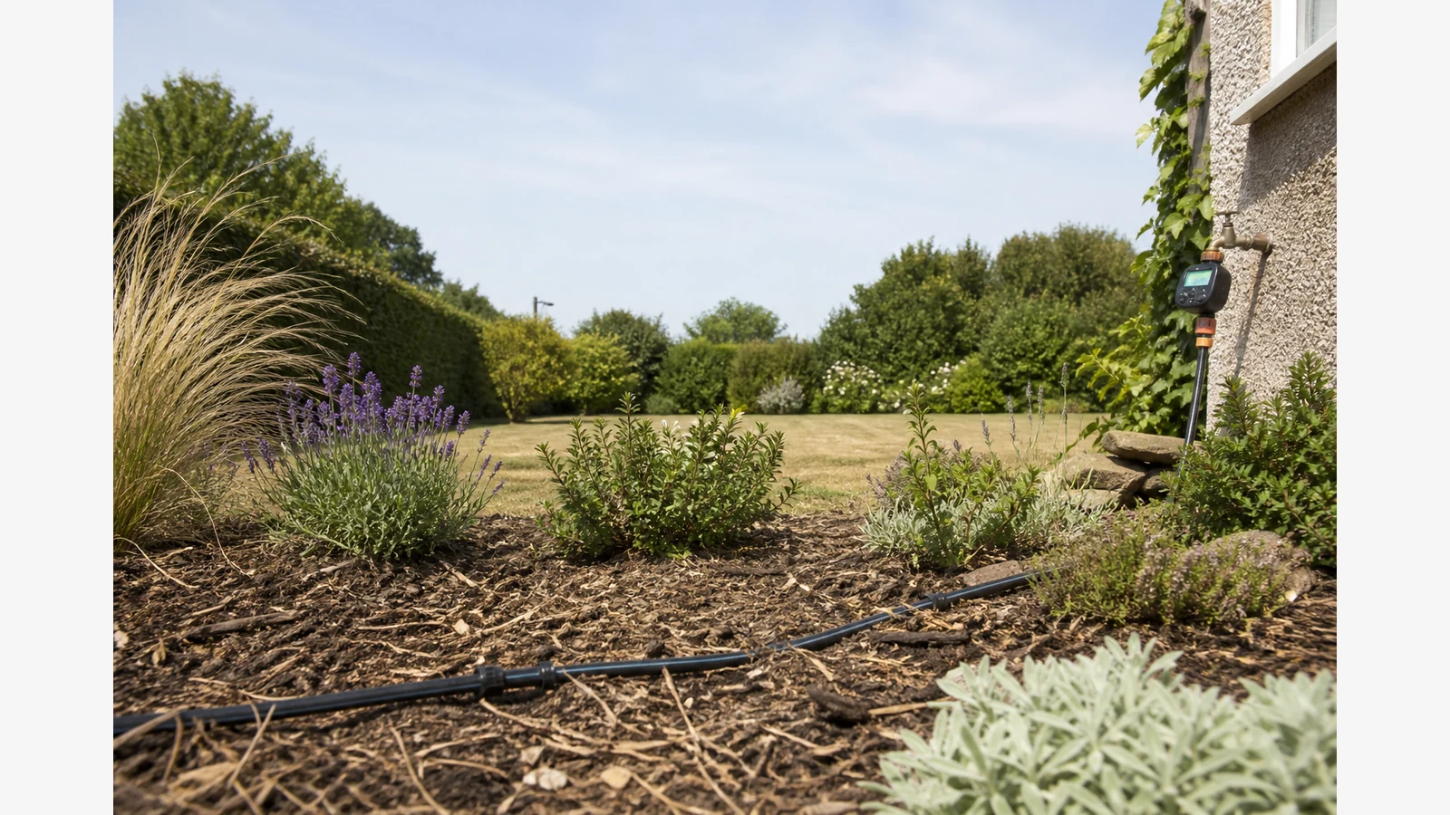 Drip irrigation line and tap timer used at soil level during UK water restriction planning