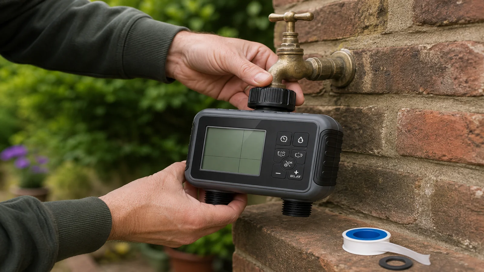 Hands fitting a dual-zone water timer onto a UK outdoor tap thread