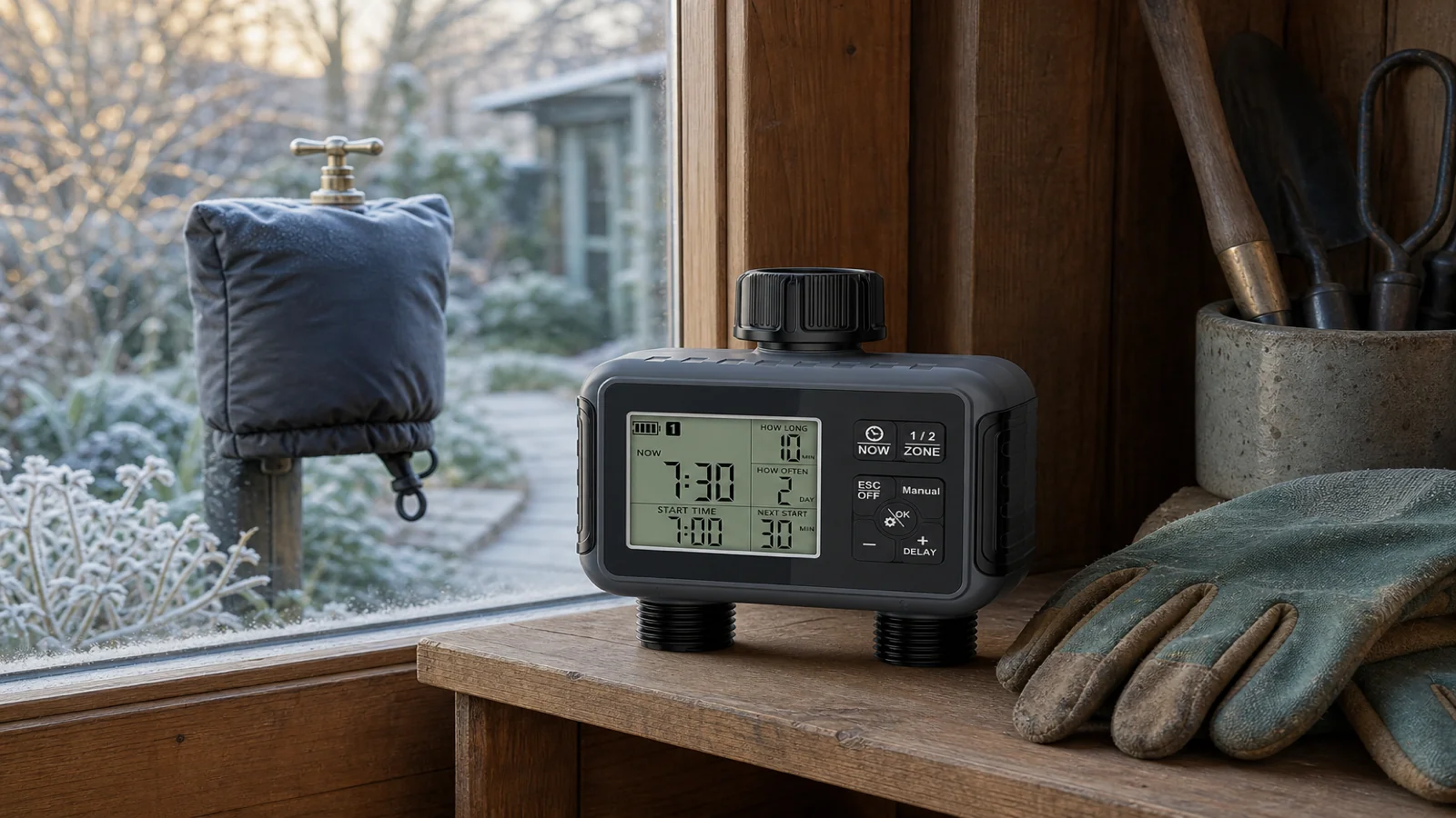 Water timer stored indoors for winter with a frost-covered outdoor tap visible outside